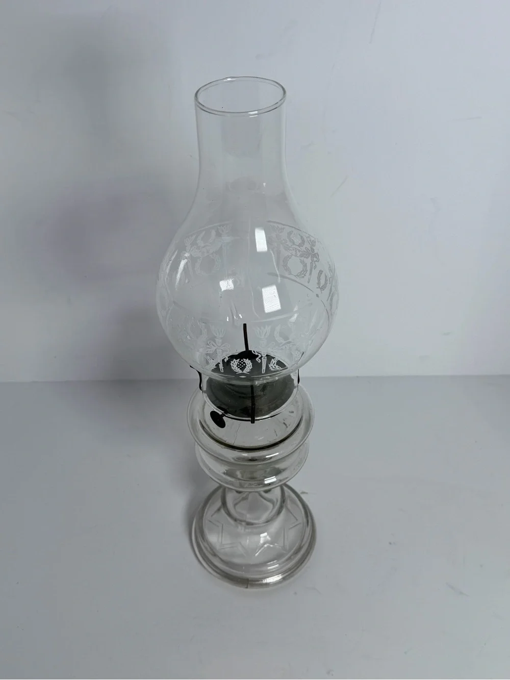 Vintage Clear Glass Pedestal Oil Lamp with Etched Chimney – 17